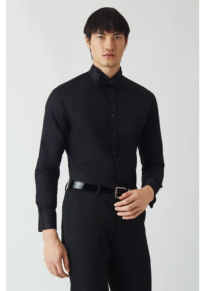 Siyah Pamuk Ata Yaka Slim Fit Erkek Gömlek GM21Y211350_D99 indirimleri