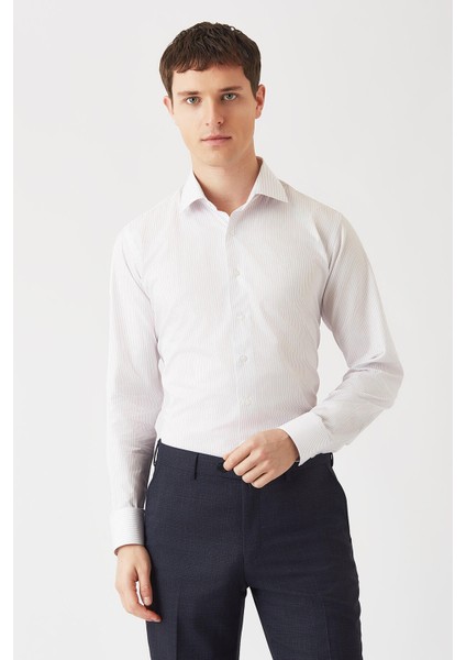 Lila Pamuk Çizgili Klasik Erkek Gömlek GM22K222008_C44