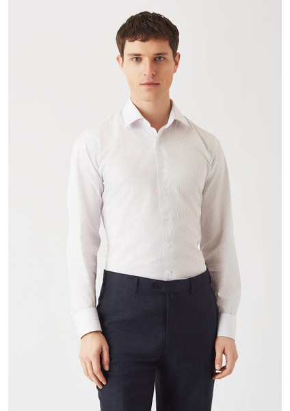 Lila Pamuk Çizgili Klasik Erkek Gömlek GM22K222008_C44 modelleri