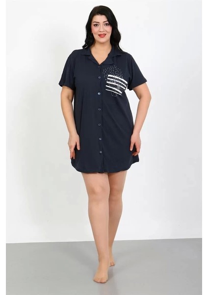 Moda Büyük Beden Penye Düğmeli Lacivert Tunik Gecelik