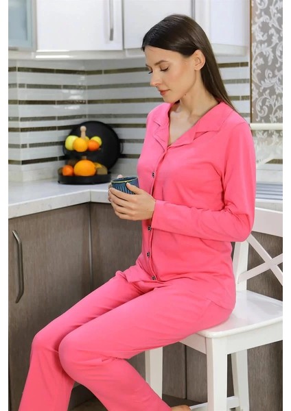Moda Kadın Pamuk Penye Önden Düğmeli Uzun Kol Pijama Takım Pembe fiyatları