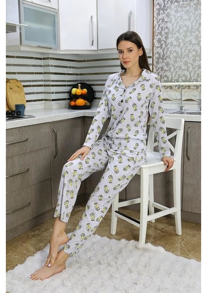 Moda Kadın Pamuk Penye Önden Düğmeli Uzun Kol Pijama Takım Gri fırsatları