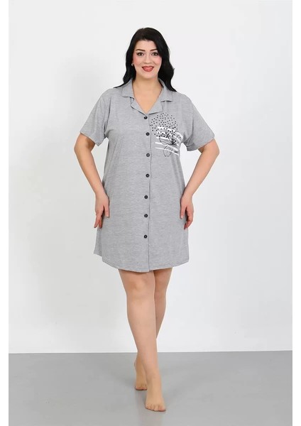 Moda Büyük Beden Penye Düğmeli Gri Tunik Gecelik
