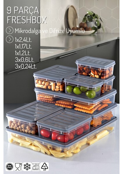 9'lu Set Freshbox Mikrodalga ve Difrize Uygun Saklama Kabı