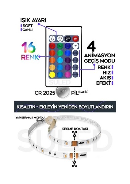 Şerit LED 5 Metre Animasyonlu Tak Çalıştır Kumandalı Trafolu Rgb Şerit Işık Ambiyans fırsatları