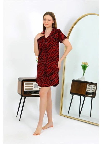 Moda Kadın Pamuk Penye Kısa Kol Düğmeli Bordo Tunik Gecelik