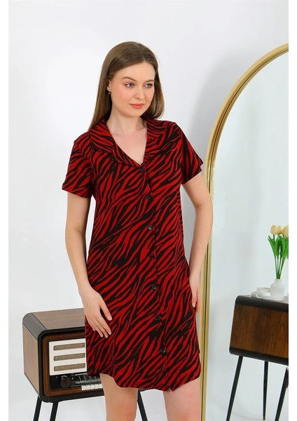 Moda Kadın Pamuk Penye Kısa Kol Düğmeli Bordo Tunik Gecelik fiyatları