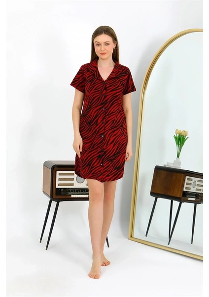 Moda Kadın Pamuk Penye Kısa Kol Düğmeli Bordo Tunik Gecelik modelleri