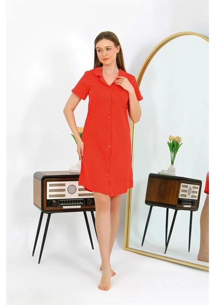 Moda Kadın Pamuk Penye Kısa Kol Düğmeli Kırmızı Tunik Gecelik fırsatları