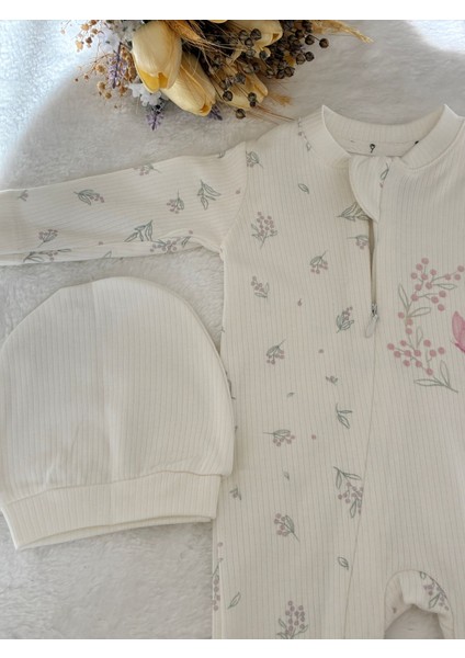 Tuem Baby Pretty Girl Fermuarlı Pamuklu Şapkalı Desenli Beyaz Kız Bebek Tulum 0-3 Ay/ 3-6 Ay / 6/9 Ay modelleri