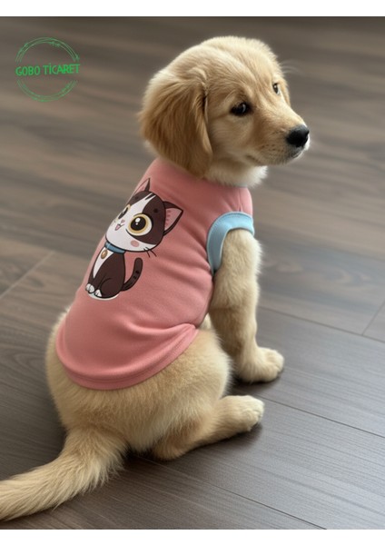 Şeker Pembe Renkli Kedi ve Köpek Kıyafeti Elbisesi Siyah Kedi Baskılı