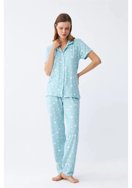 Moda Kadın Buz Mavisi Yıldız Desenli Önden Düğmeli Pijama Takımı