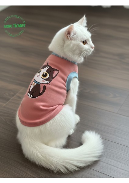 Şeker Pembe Renkli Kedi ve Köpek Kıyafeti Elbisesi Siyah Kedi Baskılı