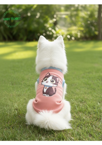 Şeker Pembe Renkli Kedi ve Köpek Kıyafeti Elbisesi Siyah Kedi Baskılı