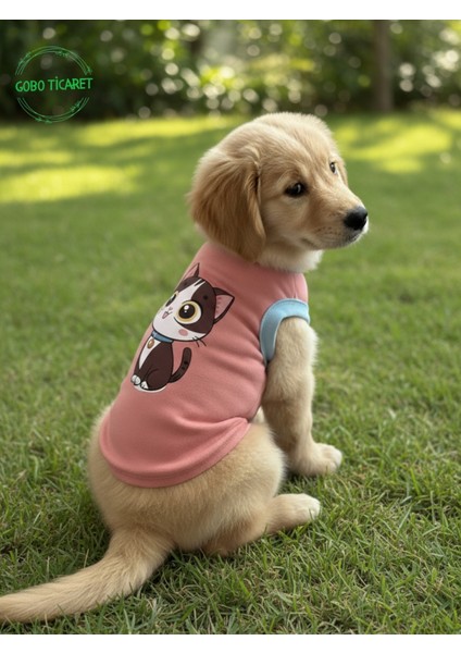 Şeker Pembe Renkli Kedi ve Köpek Kıyafeti Elbisesi Siyah Kedi Baskılı