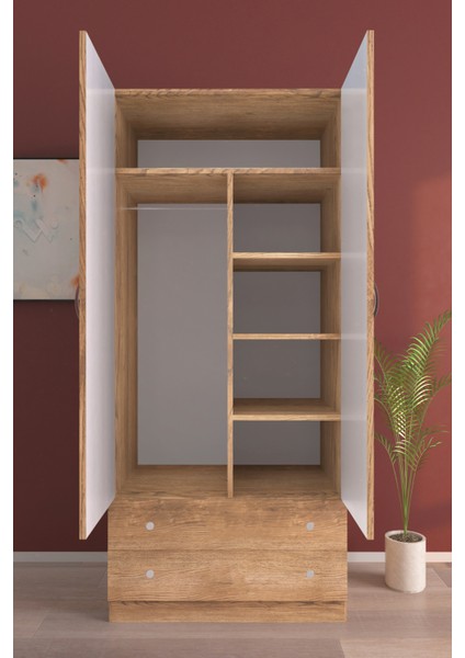 Çocuk Odası 2 Kapaklı Moment Gardırop 5 Raflı 2 Çekmeceli Askılı Elbise Dolabı fiyatları