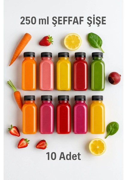 10 Adet Smoothie Detoks Şişesi Şeffaf Plastik Sızdırmaz Kapak Köşeli Meyve Suyu Şişesi 250 ml