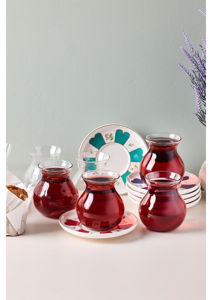 17900 Beyoğlu 12 Parça 6 Kişilik Çay Seti Borosilikat Cam Tombik Bardak ve Porselen Çay Tabağı Takımı 210 ml