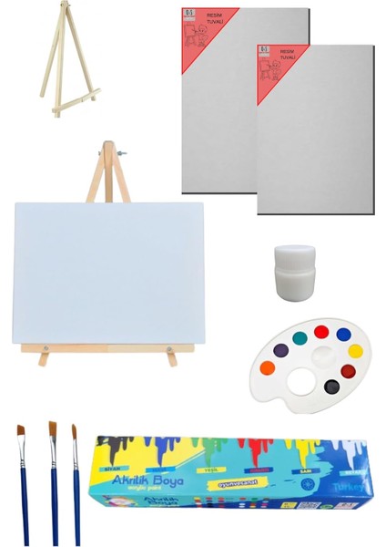 Doğal Seramik Hamuru Resim - Boya Seti - Mini Masa Şövalesi, 2 Adet Tuval, Resim Verniği, Akrilik Boya, Palet, (Şövalye) Karışık