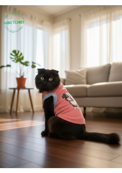 Şeker Pembe Renkli Kedi ve Köpek Kıyafeti Elbisesi Siyah Köpek Baskılı