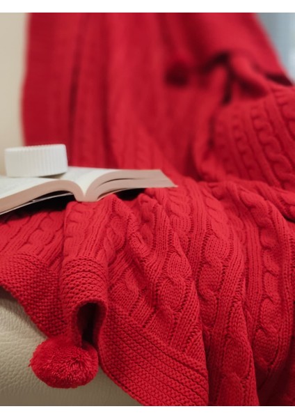 Ponponlu Triko Örgü Battaniye-Örgü Koltuk Şalı & Diz BATTANIYESI-130X170 Cm-Kırmızı fiyatları