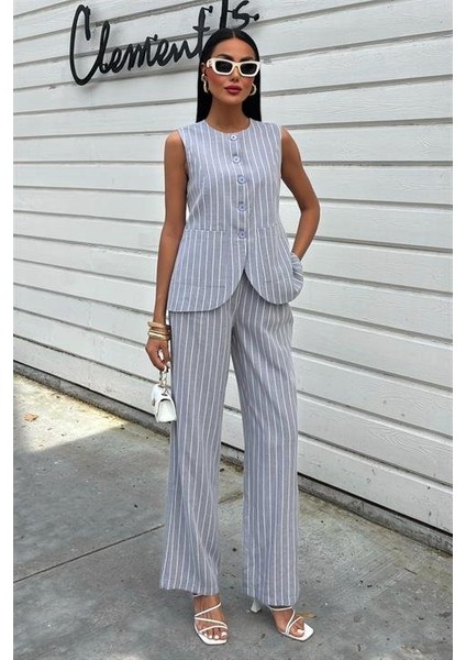 Çizgili Viscon Keten Yelekli Rahat Takım 10121