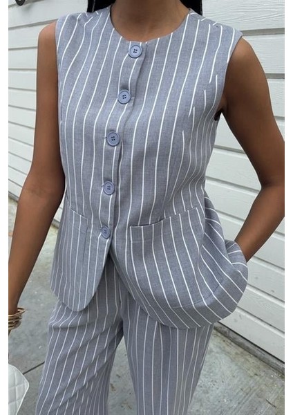 Çizgili Viscon Keten Yelekli Rahat Takım 10121 modelleri
