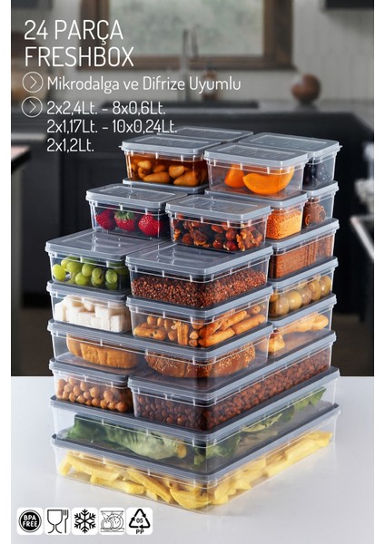 24'lü Set Freshbox Mikrodalga ve Difrize Uygun Saklama Kabı Gri