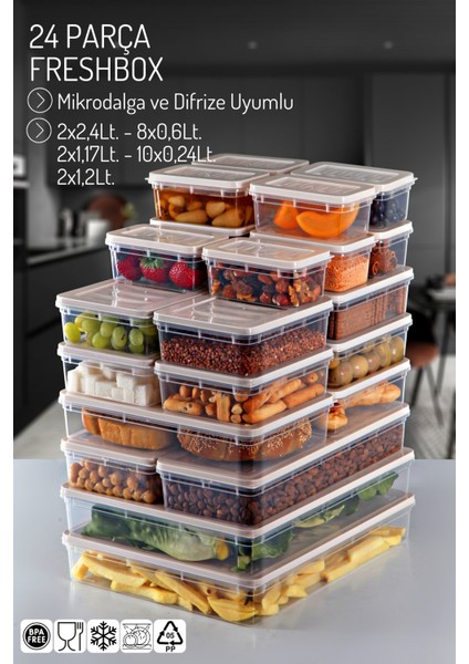24'lü Set Freshbox Mikrodalga ve Difrize Uygun Saklama Kabı Krem