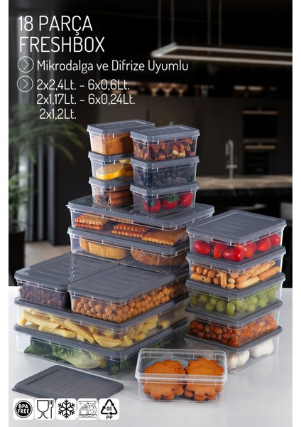 18'li Set Freshbox Mikrodalga ve Difrize Uygun Saklama Kabı