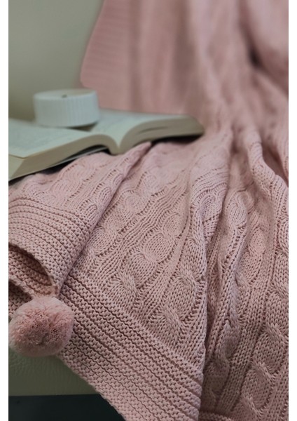 Ponponlu Triko Örme Tv Battaniyesi–örgü Koltuk & Omuz Şalı & Diz BATTANIYESI–130X170 Cm-Pudra fırsatları
