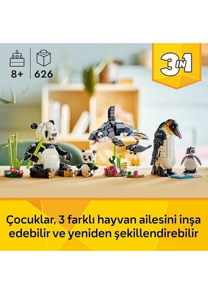 Creator 3 Ü 1 Arada Vahşi Hayvanlar: Panda Ailesi 31165-8 Yaş ve Üzeri Çocuklar Için Orka Veya Penguene Dönüşen Oyuncak Yapım Seti, Doğum Günü Hediyesi (626 Parça) modelleri
