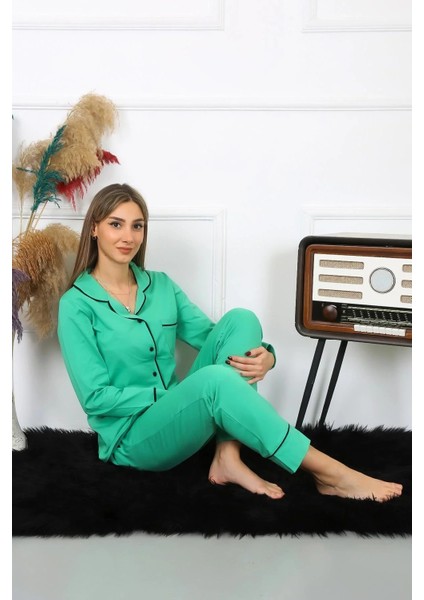 Moda Kadın Pamuk Penye Önden Düğmeli Uzun Kol Yeşil Pijama Takım fiyatları