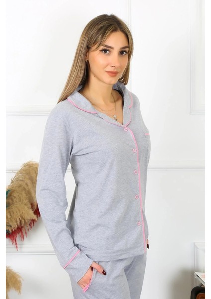 Moda Kadın Pamuk Penye Önden Düğmeli Uzun Kol Gri Pijama Takım