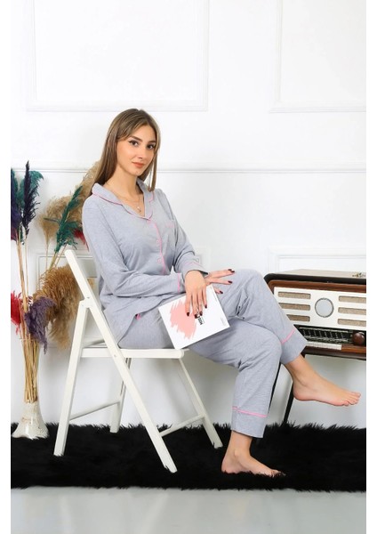Moda Kadın Pamuk Penye Önden Düğmeli Uzun Kol Gri Pijama Takım modelleri