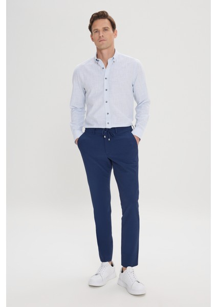 Erkek Lacivert Slim Fit Dar Kesim Beli Bağlamalı Yan Cep Gofre Desenli Pantolon indirimleri
