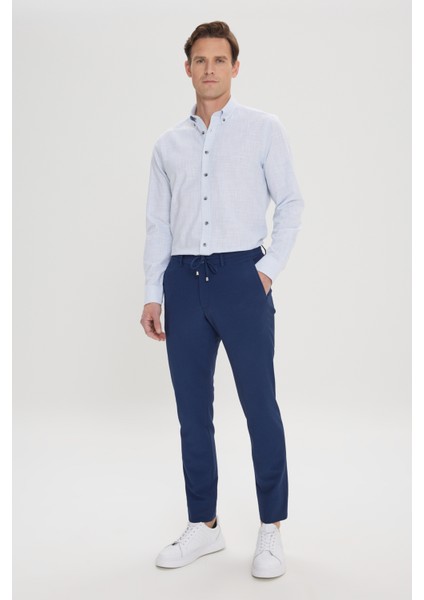 Erkek Lacivert Slim Fit Dar Kesim Beli Bağlamalı Yan Cep Gofre Desenli Pantolon fırsatları