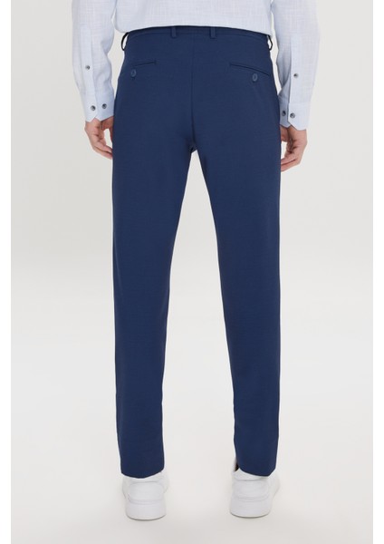 Erkek Lacivert Slim Fit Dar Kesim Beli Bağlamalı Yan Cep Gofre Desenli Pantolon