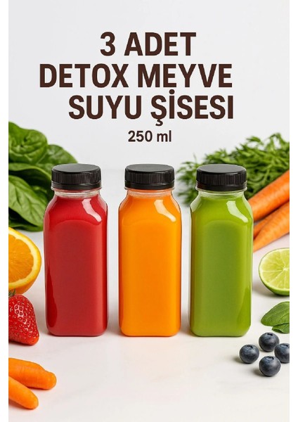 3 Adet Smoothie Detoks Şişesi Şeffaf Plastik Sızdırmaz Kapak Köşeli Meyve Suyu Şişesi 250 ml