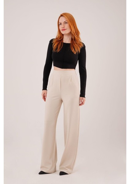 Yüksek Bel Bol Paça Krep Krem Pantolon