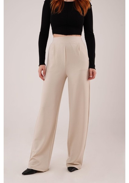 Yüksek Bel Bol Paça Krep Krem Pantolon fiyatları