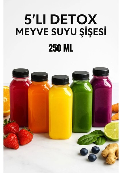 5 Adet Smoothie Detoks Şişesi Şeffaf Plastik Sızdırmaz Kapak Köşeli Meyve Suyu Şişesi 250 ml