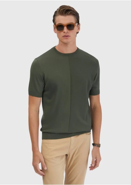 Haki Bisiklet Yaka Jakarlı Triko