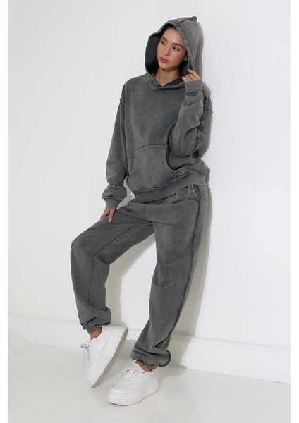Kadın Koyu Gri Kapüşonlu Sweatshirt Eşofman Takımı MSC313