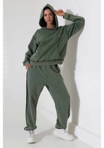Kadın Yeşil Kapüşonlu Sweatshirt Eşofman Takımı MSC313