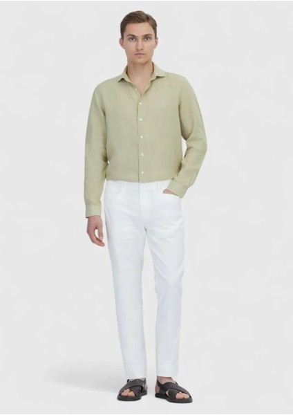 Açık Yeşil Düz Casual Fit Dokuma Casual %100 Keten Gömlek fiyatları