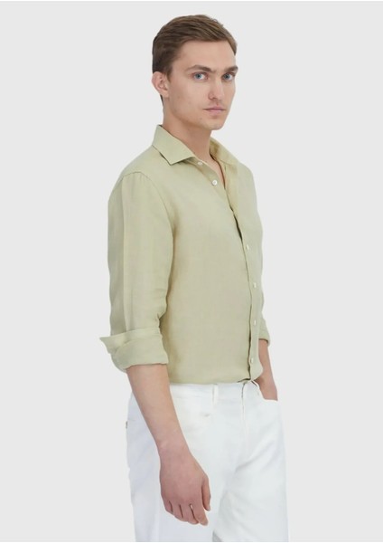 Açık Yeşil Düz Casual Fit Dokuma Casual %100 Keten Gömlek modelleri