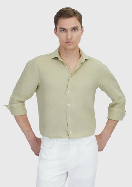 Açık Yeşil Düz Casual Fit Dokuma Casual %100 Keten Gömlek indirimleri