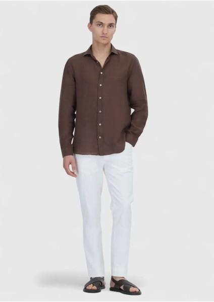 Kahverengi Düz Casual Fit Dokuma Casual %100 Keten Gömlek fiyatları
