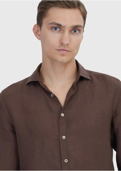 Kahverengi Düz Casual Fit Dokuma Casual %100 Keten Gömlek modelleri